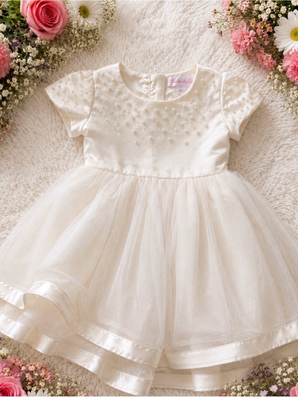 Ivory Pearl-Embellished Tulle Dress